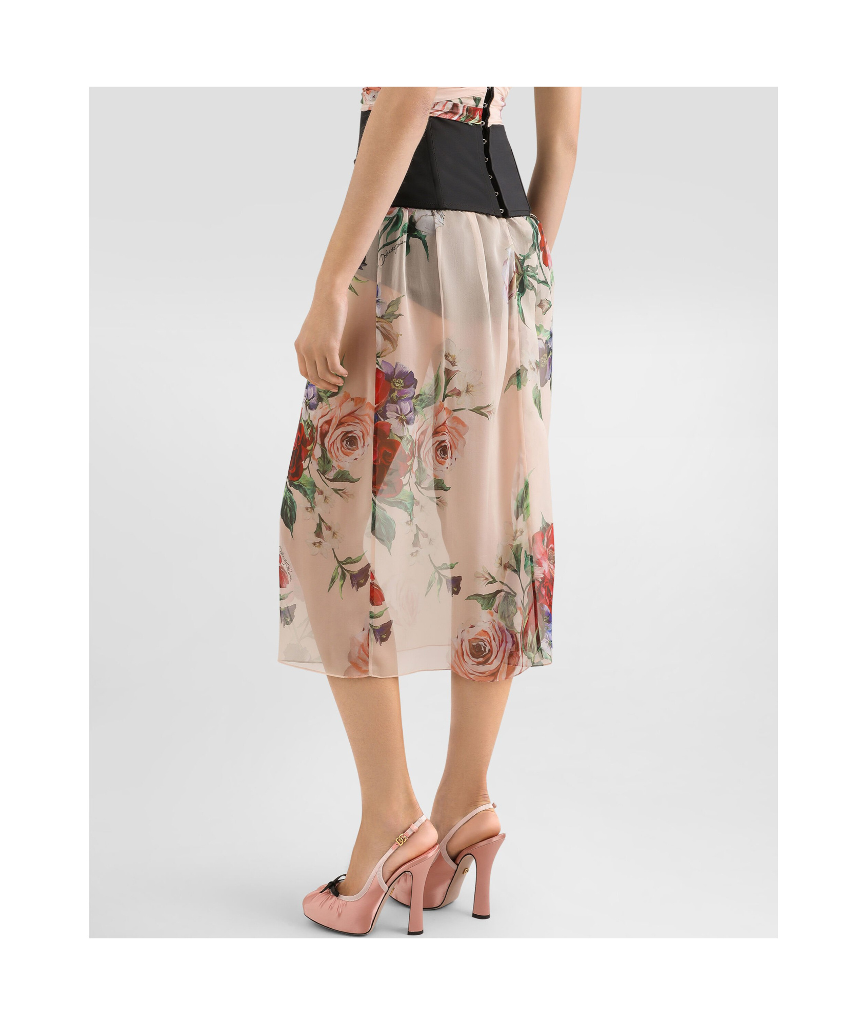 Dolce & Gabbana Pleated Floral Midi Skirt With Elasticated Waist In Nude