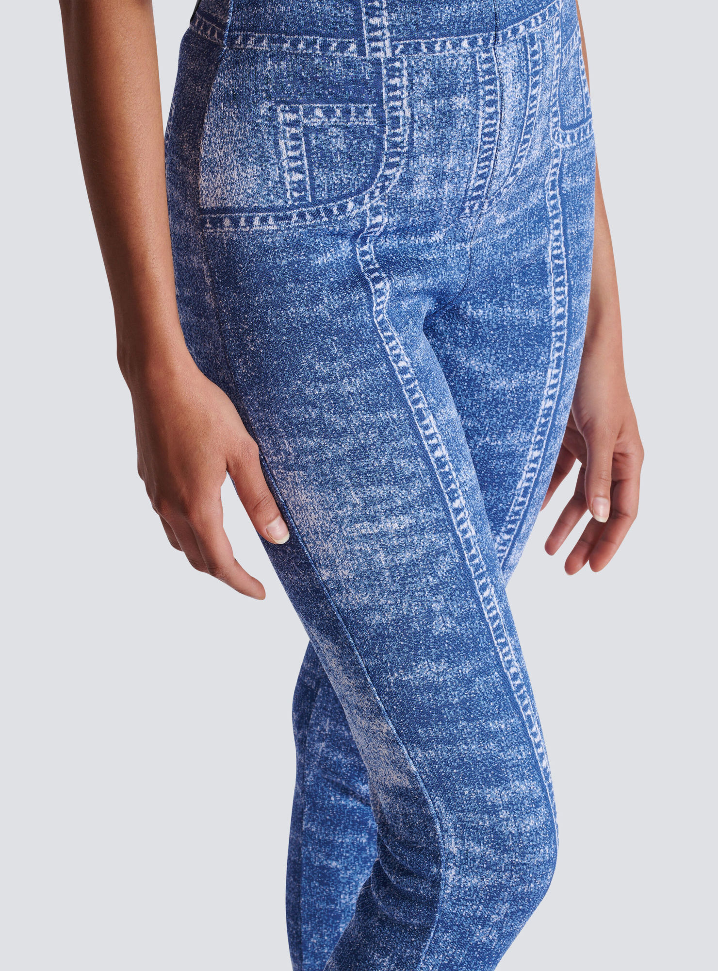 Shop Balmain Jacquard Knit Leggings With Denim Effect In Blue