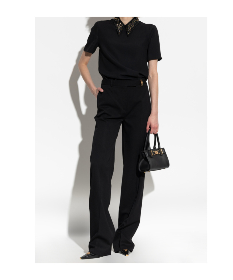 Versace Pointed Collar Black Shirt With Gold And Silver Embellishments In Black
