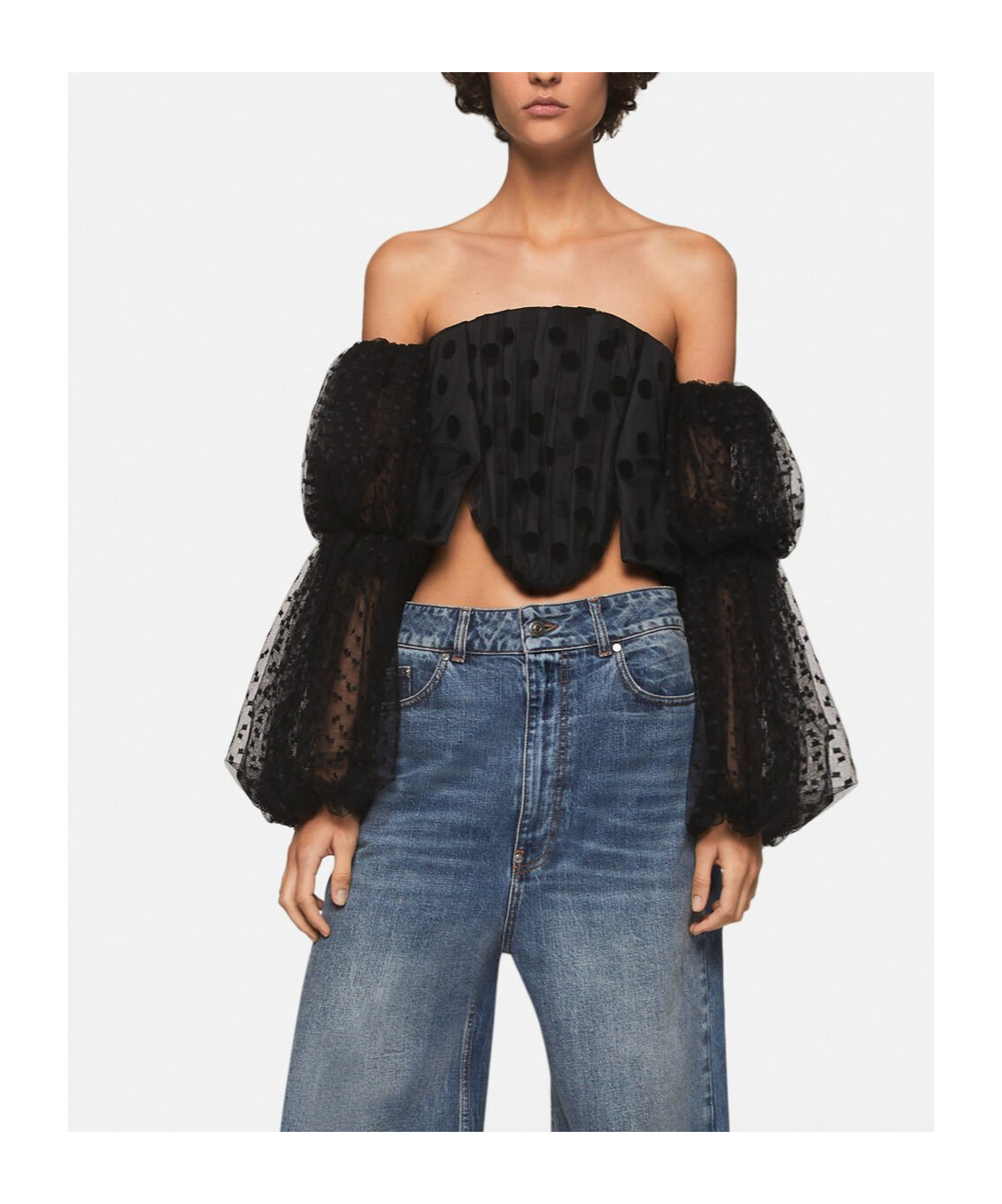 Shop Stella Mccartney Polka Dot Mesh Cropped Top In Black