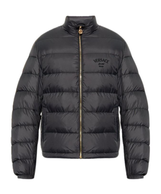 Versace Barocco Jacquard Zip-up Puffer Jacket In Black