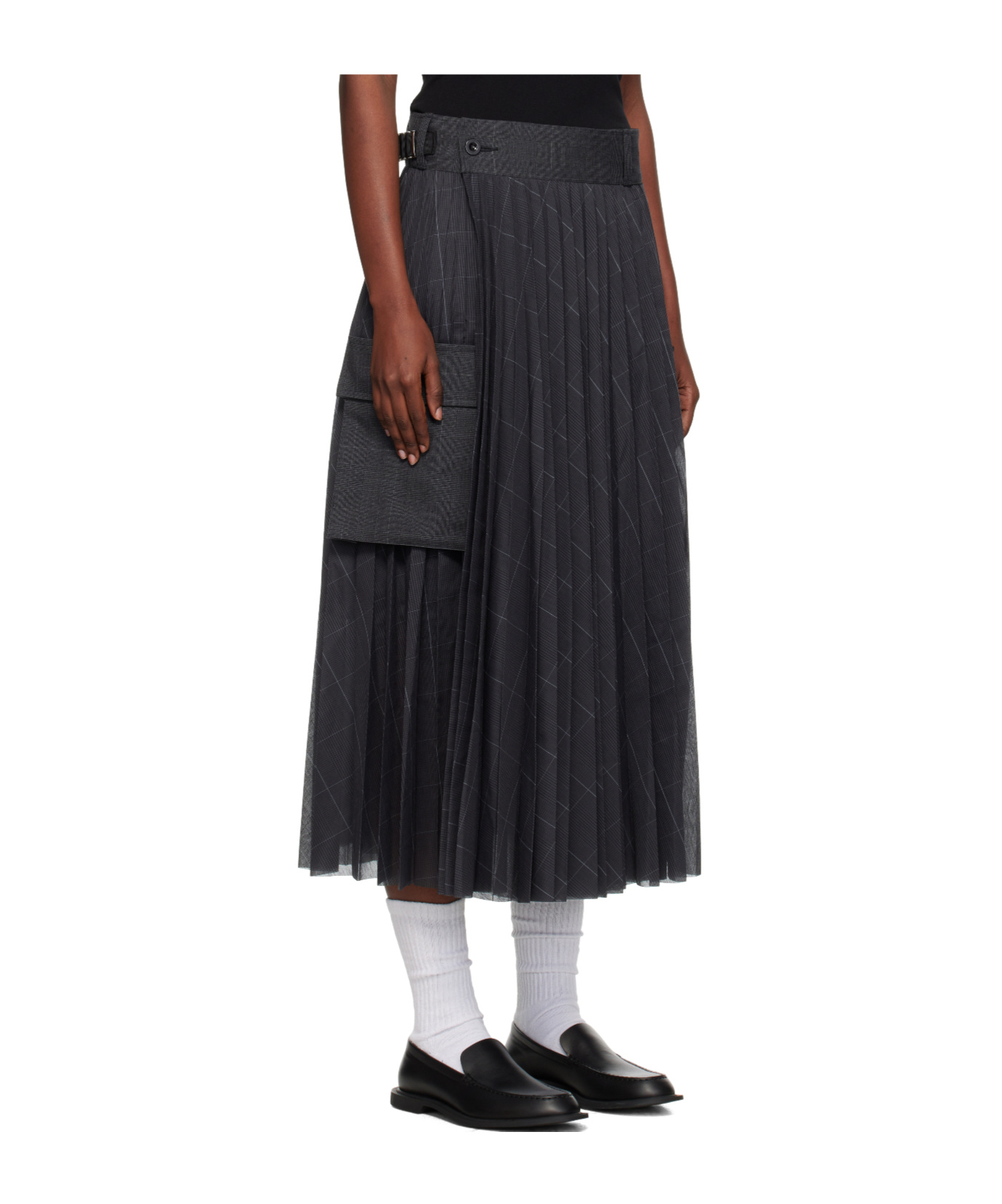 Sacai Plaid Midi Skirt In Gray