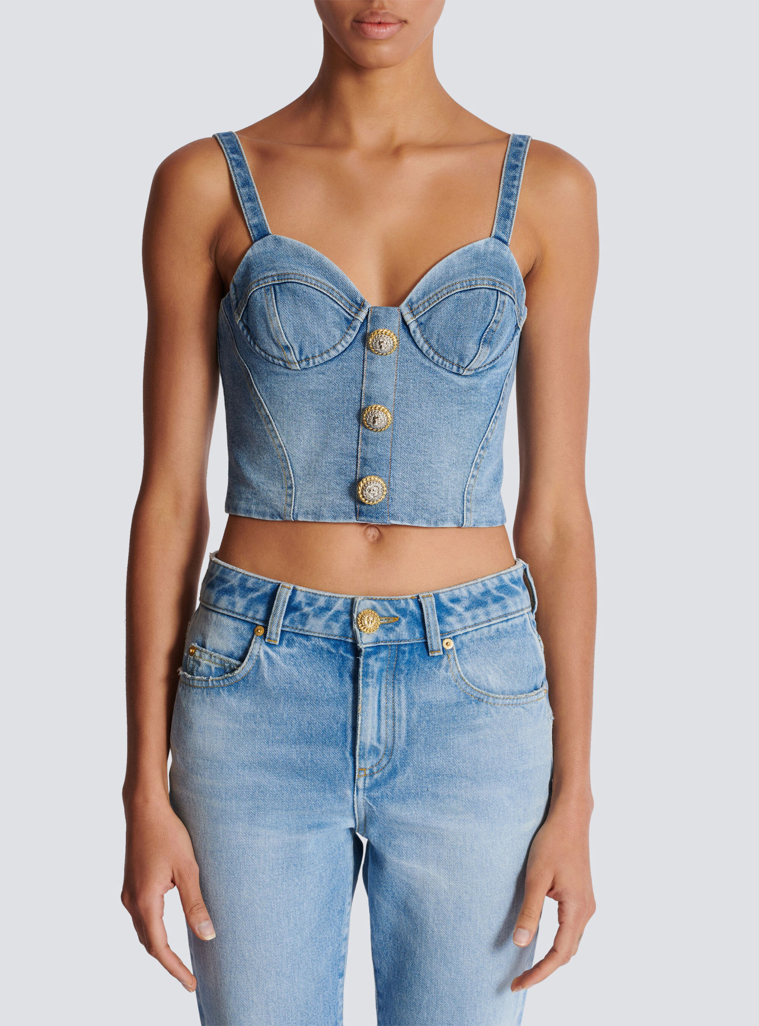 Balmain Button-embellished Denim Bustier Top In Blue