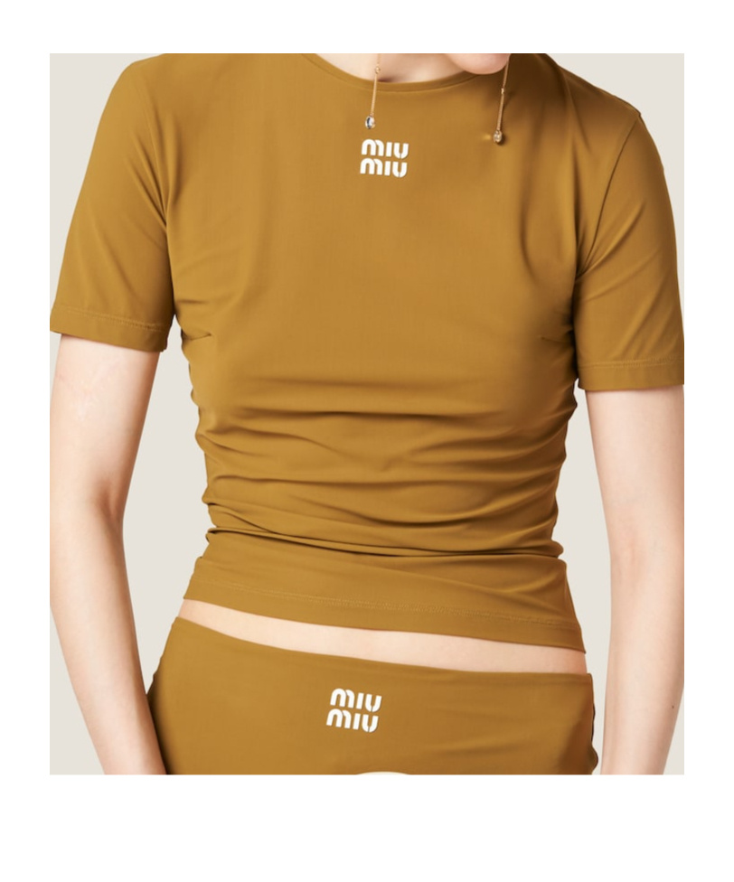 Miu Miu Logo-appliquéd T-shirt In Brown