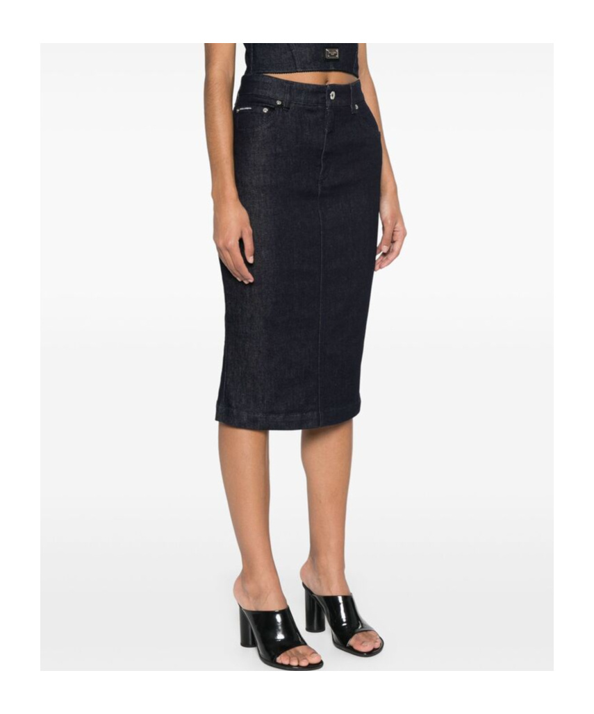 Dolce & Gabbana Navy Stretch Five Pocket Pencil Denim Midi Skirt In Black