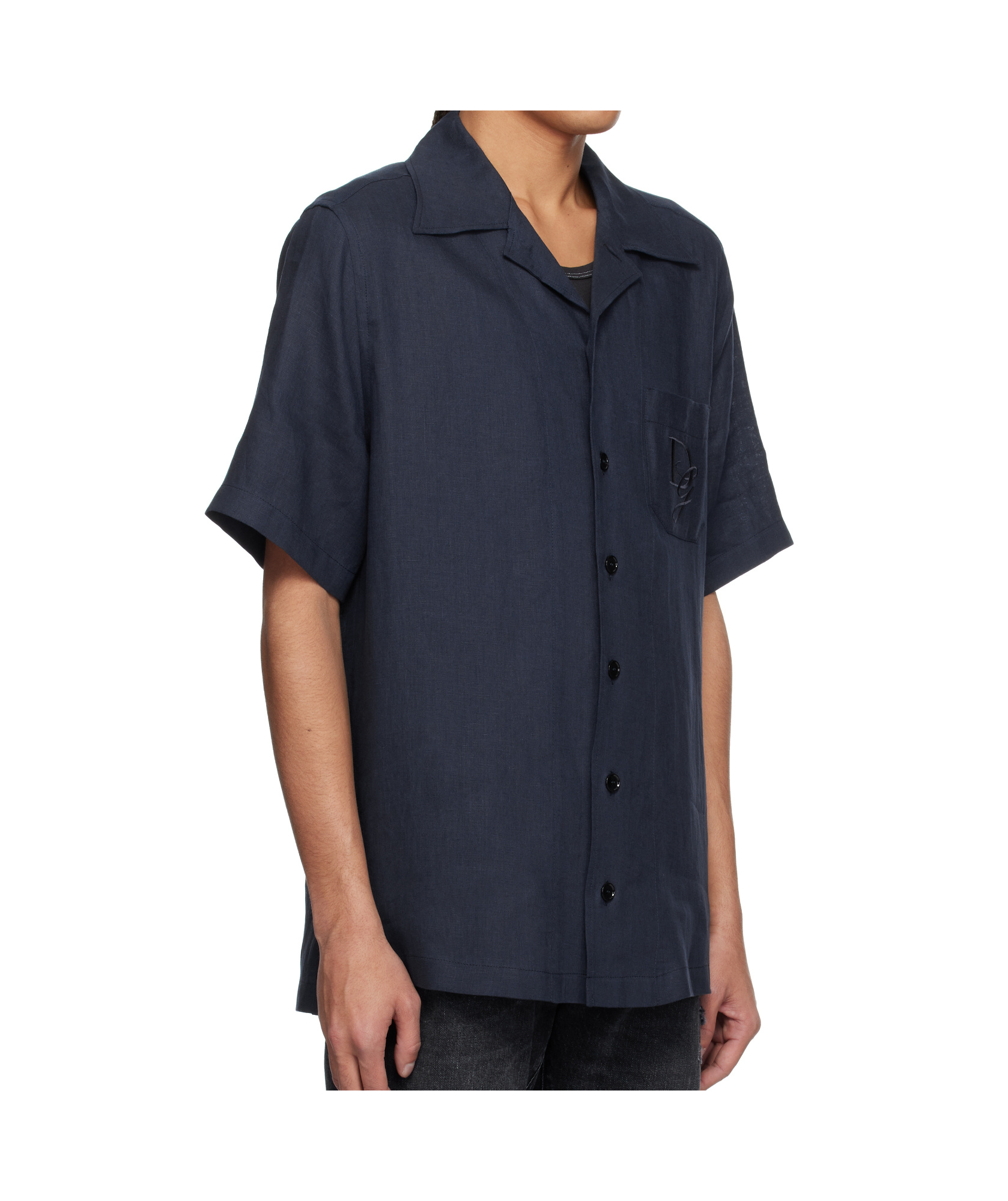 Dolce & Gabbana Blue Linen Short-sleeve Shirt With Pocket In Black