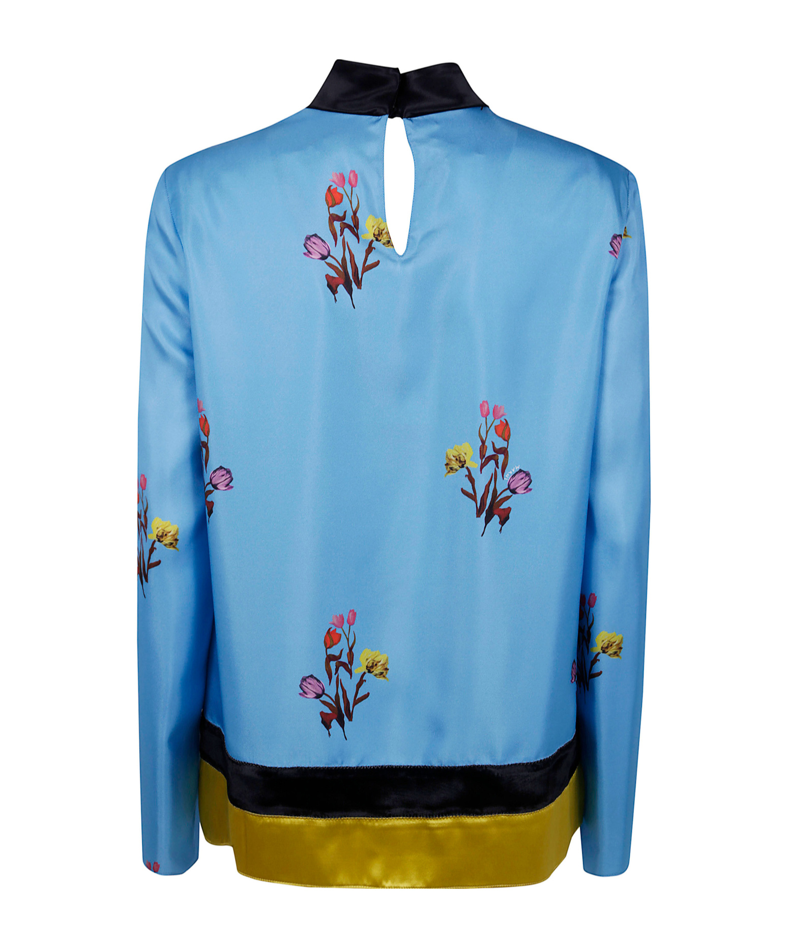 Marni Floral Satin Long Sleeve Top With Keyhole In Blue