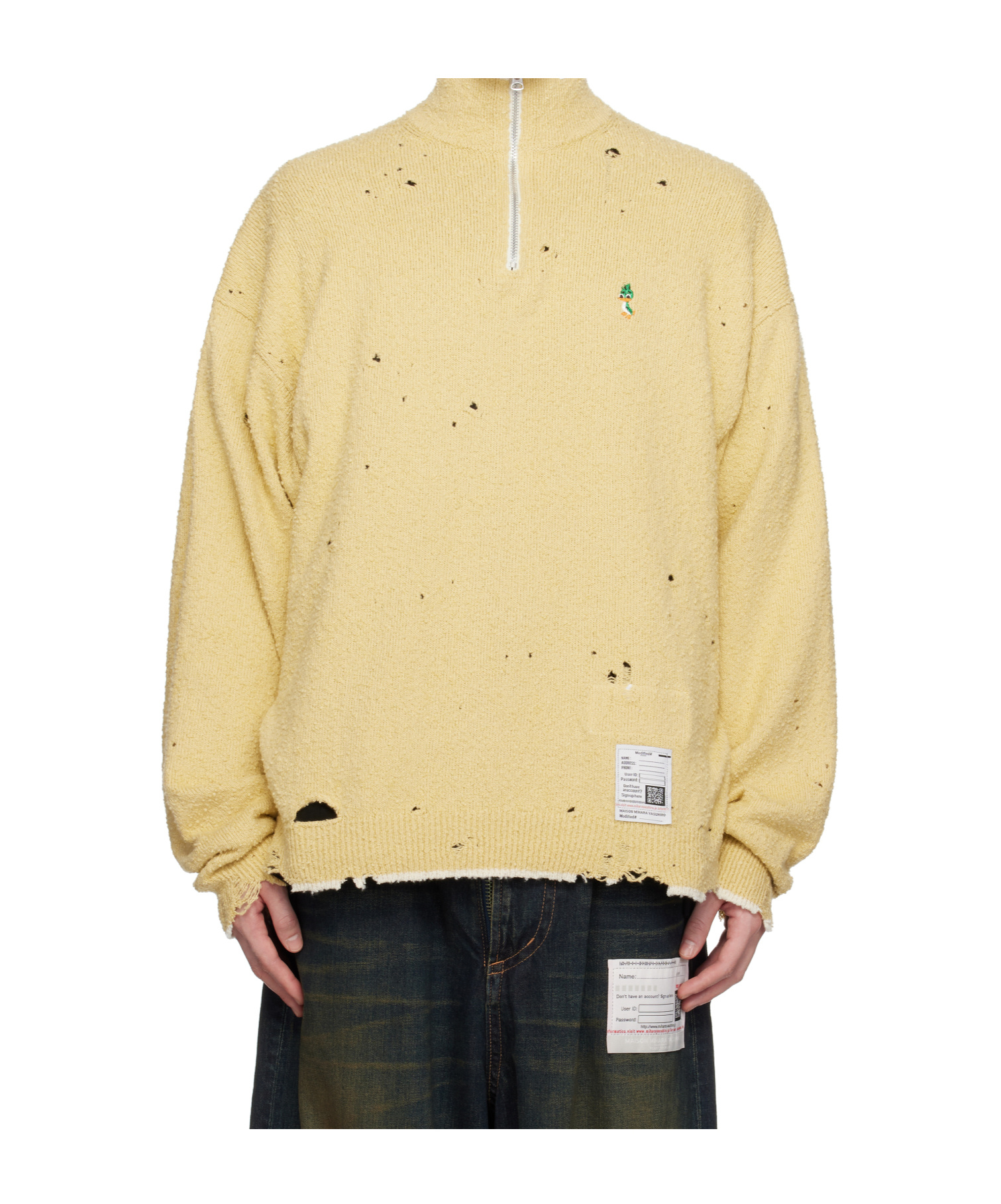Miharayasuhiro Yellow Distressed Knit Half Zip Sweater In Multi
