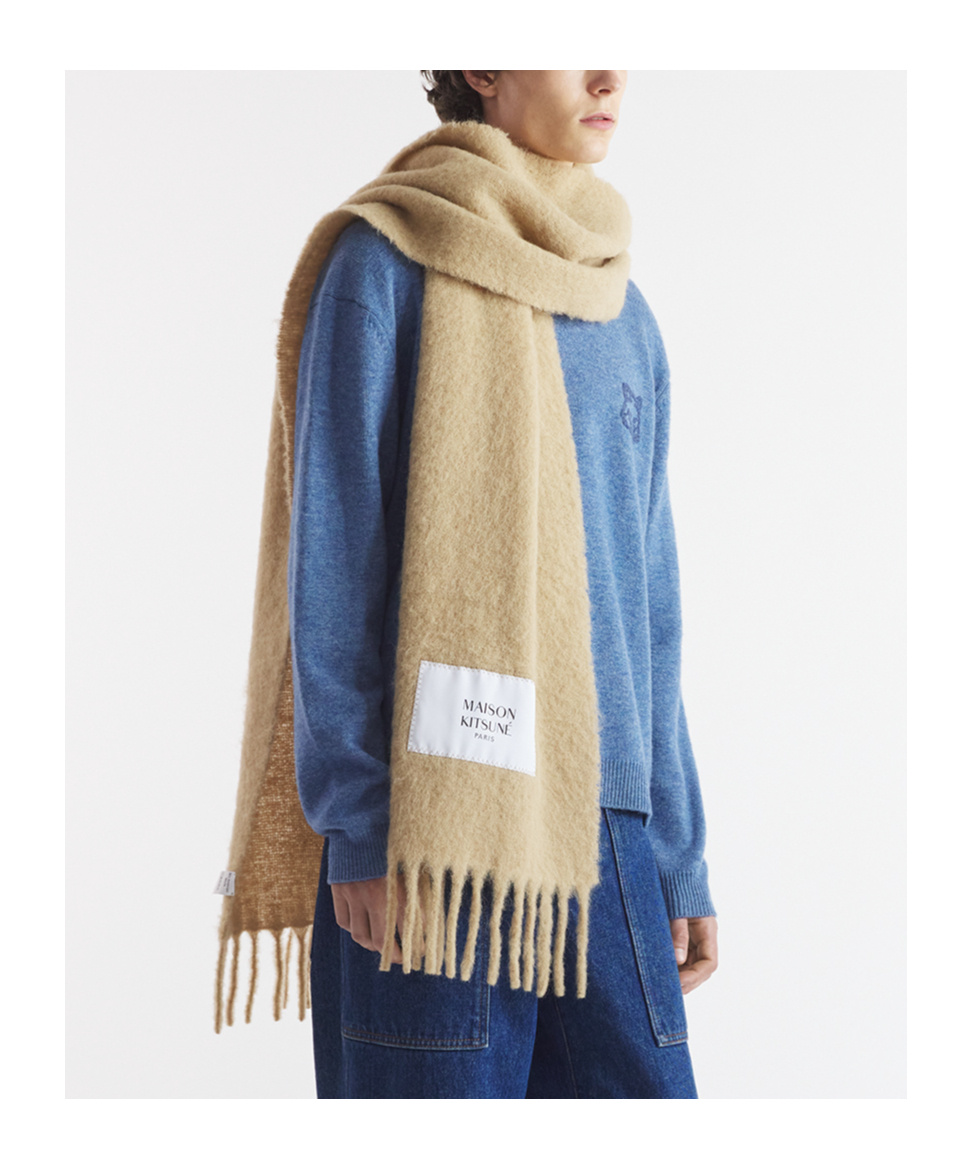 Maison Kitsuné Large Scarf With Fringes In Nude