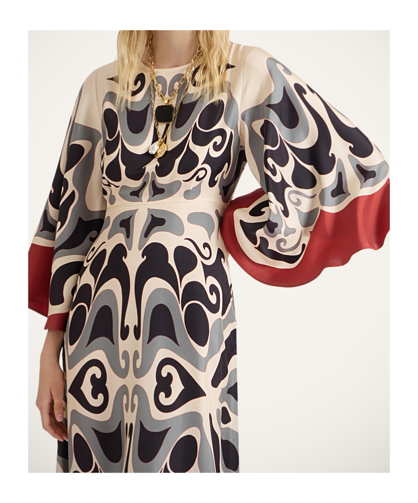 La Doublej Multicolor Long Dress With Round Neck And All Over Motif In Silk Woman In White