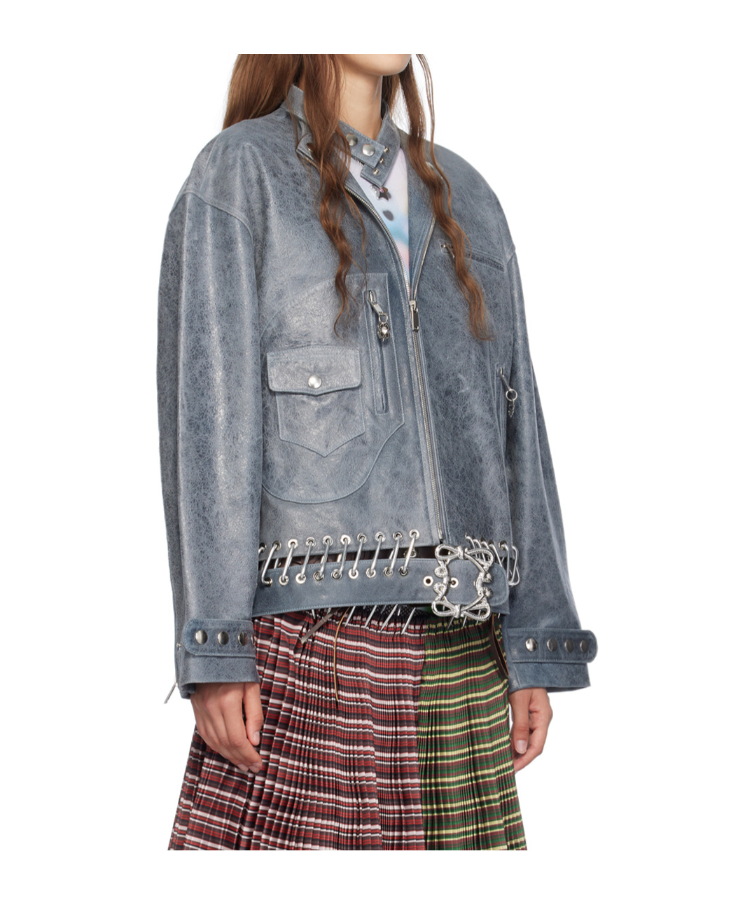 Chopova Lowena Blue Carabiner Leather Jacket In Gray