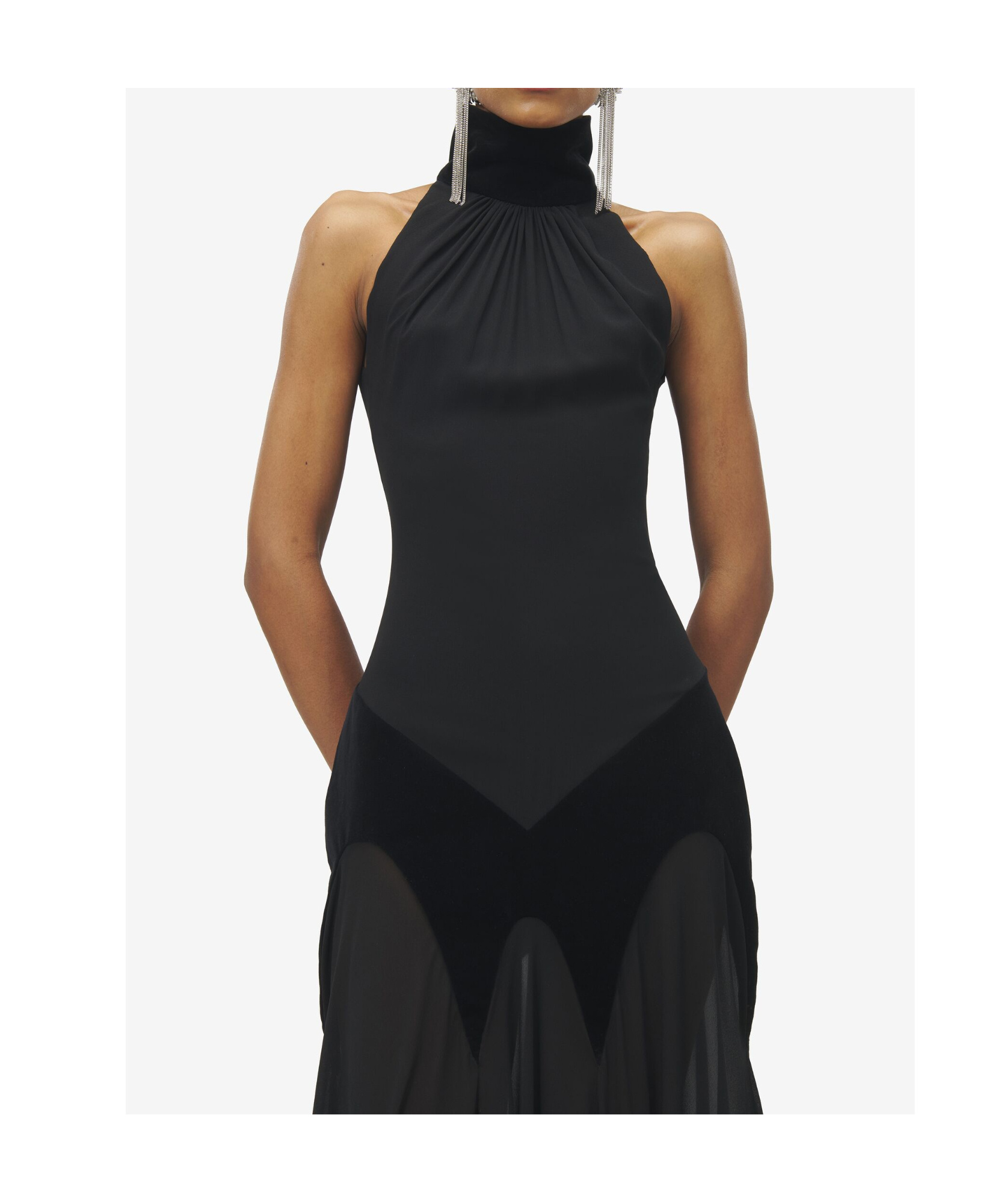 Alexander Mcqueen Cotton Velvet-trimmed Gathered Silk-georgette Turtleneck Gown In Black