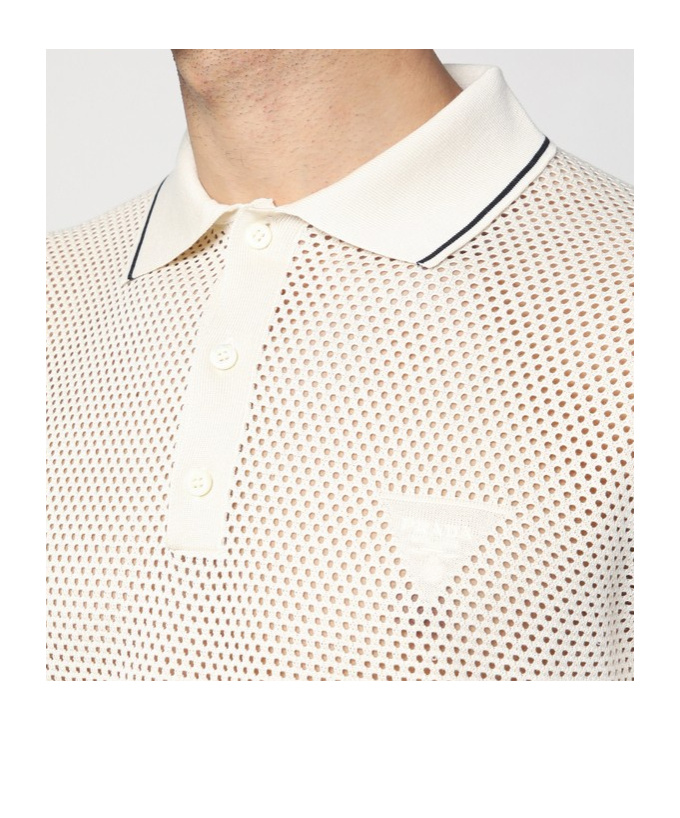 Prada Openwork Talc-coloured Polo In Cotton And Silk In Chalk White