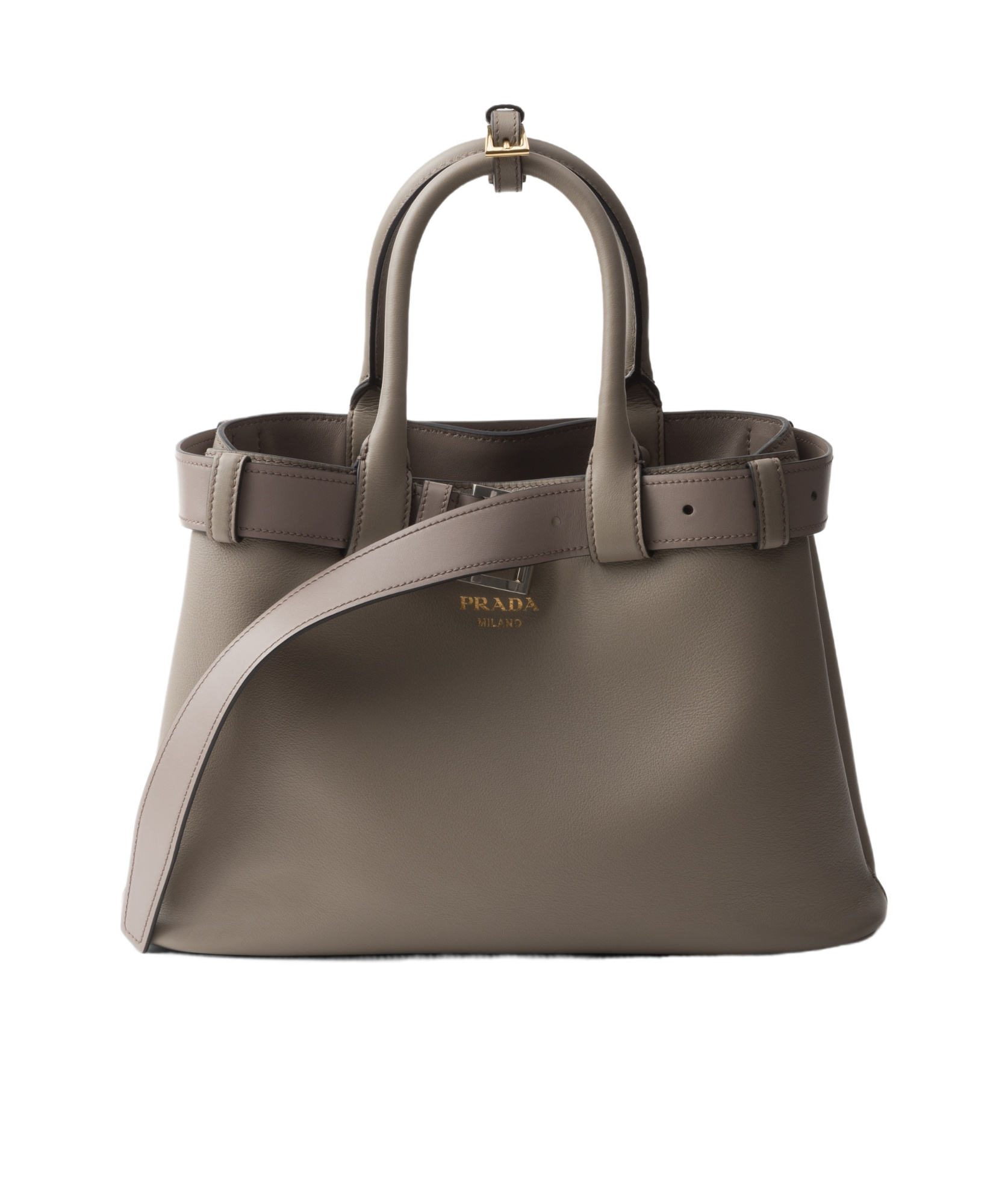 Prada Re-nylon And Leather Medium Top-handle Bag With Padlock In Muddy Gray