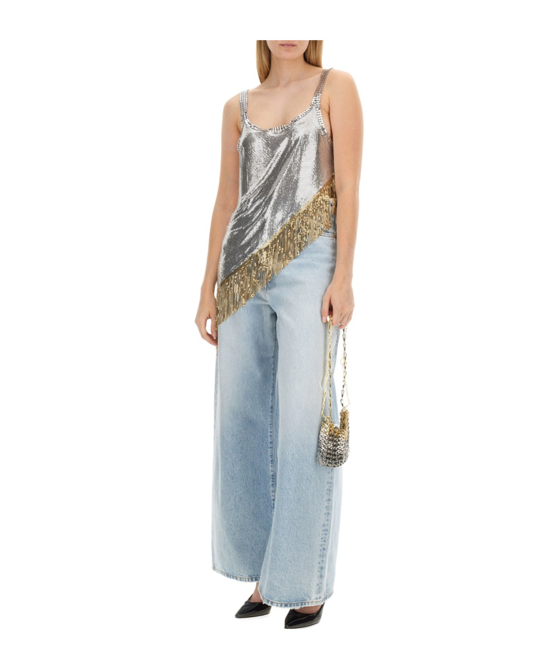 Rabanne Fringed Asymetric Chainmail Top In Nude