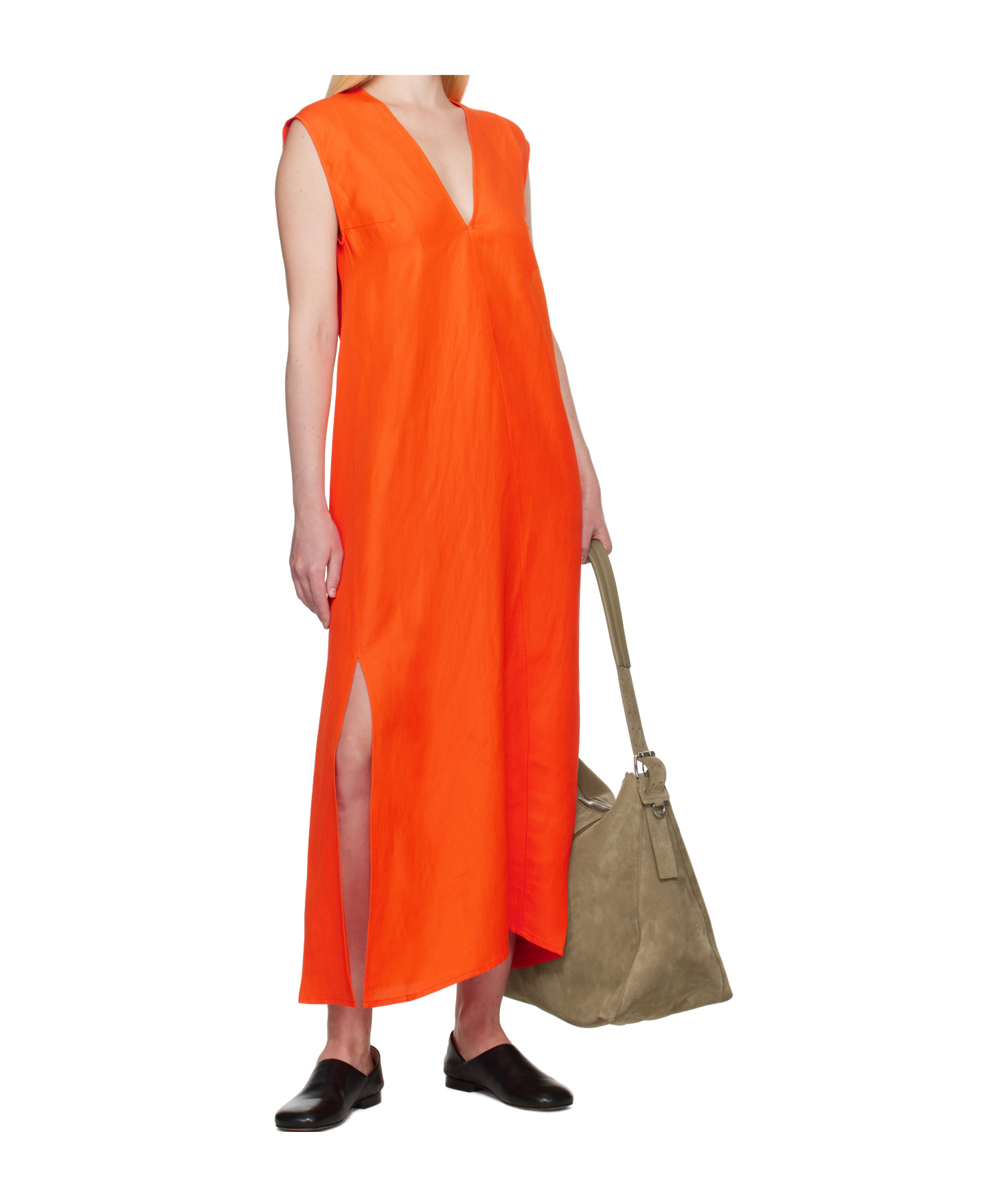 Studio Nicholson Orange Lise Linen Midi Dress In Red