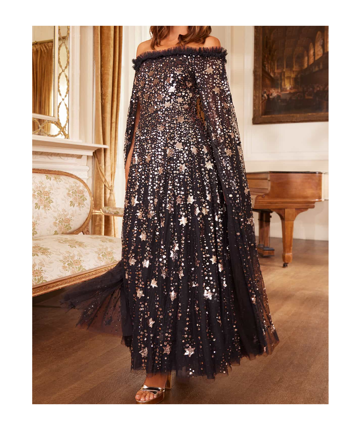 Needle & Thread Shooting Star Cape And Ankle Dress In Black
