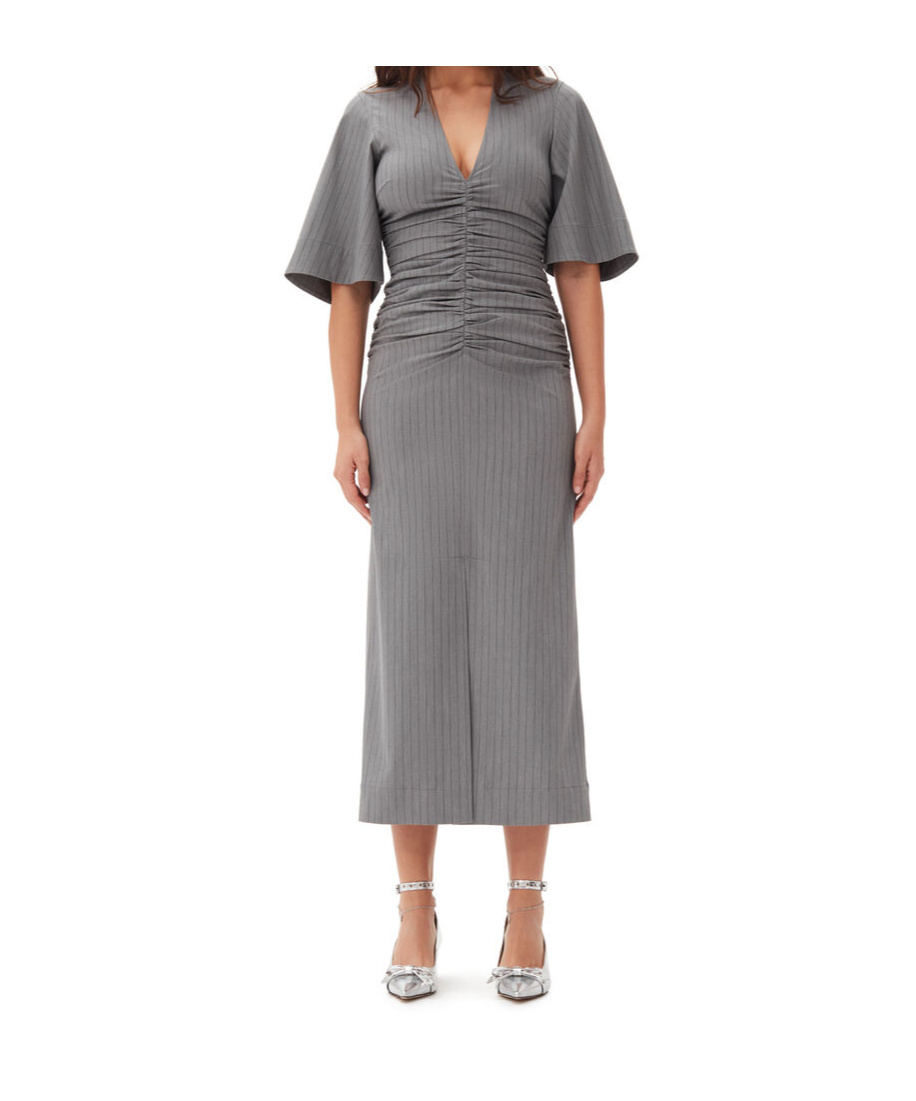 Ganni Women's Stripe Suiting V-neck Dress Grey | Size 32 | F9713039 In Gray