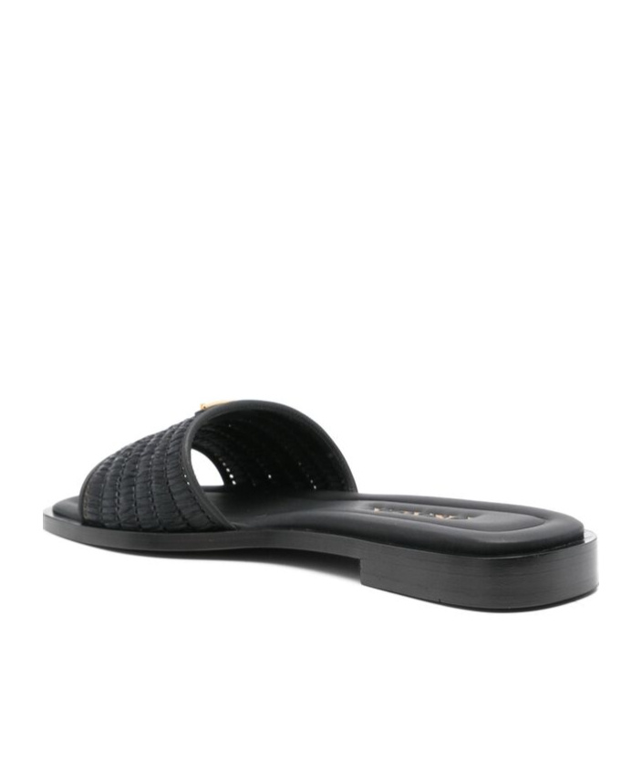 Prada Black Sandals With Woven Strap And Logo Accents In Black