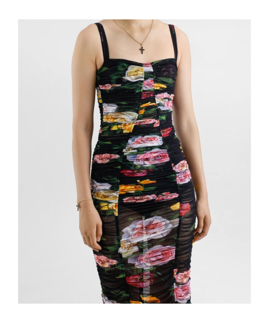 Dolce & Gabbana Paneled Ruched Floral-print Tulle Dress In Black