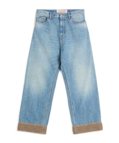 Valentino Cotton Denim Pants With Jacquard Bottoms In Blue