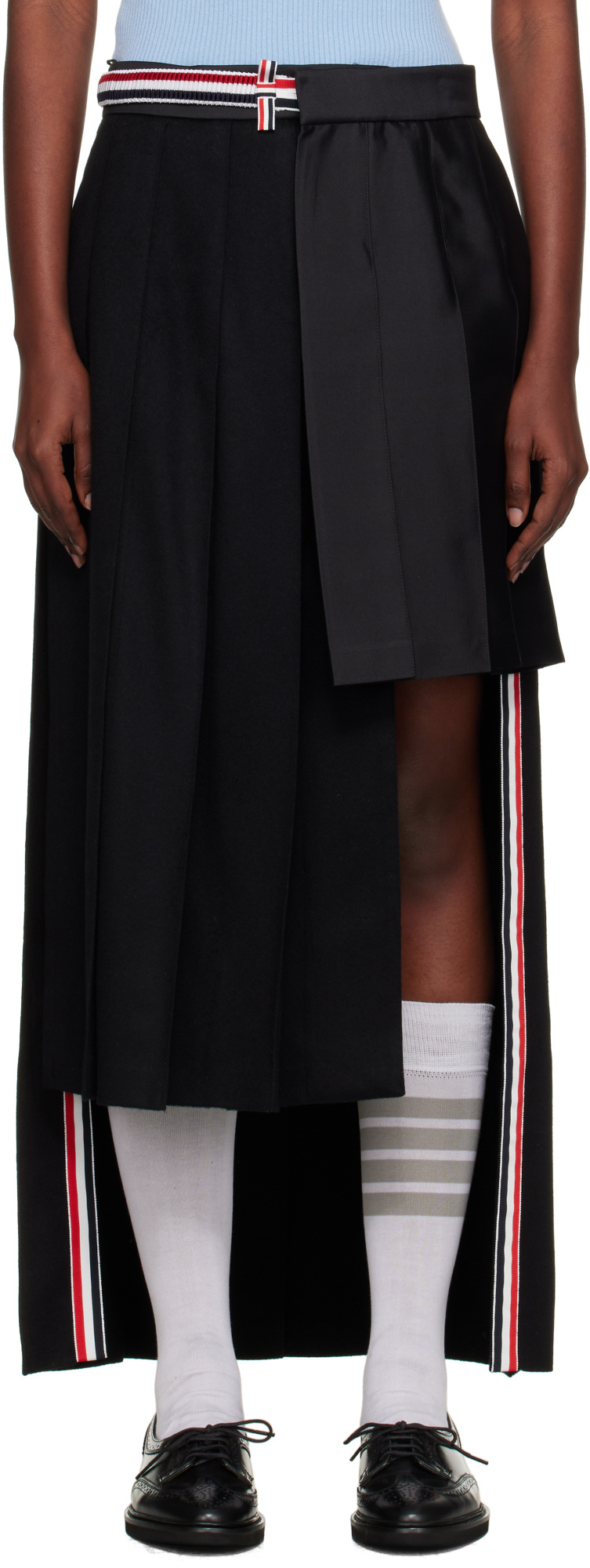 Thom Browne Pleated Asymmetric Mixed Media Wrap Skirt In Black