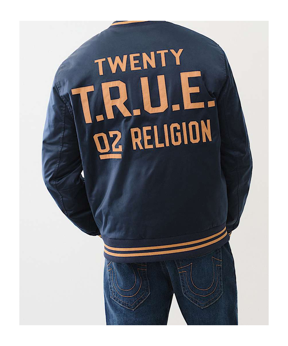 True Religion Satin Embroidered Bomber Jacket In Blue