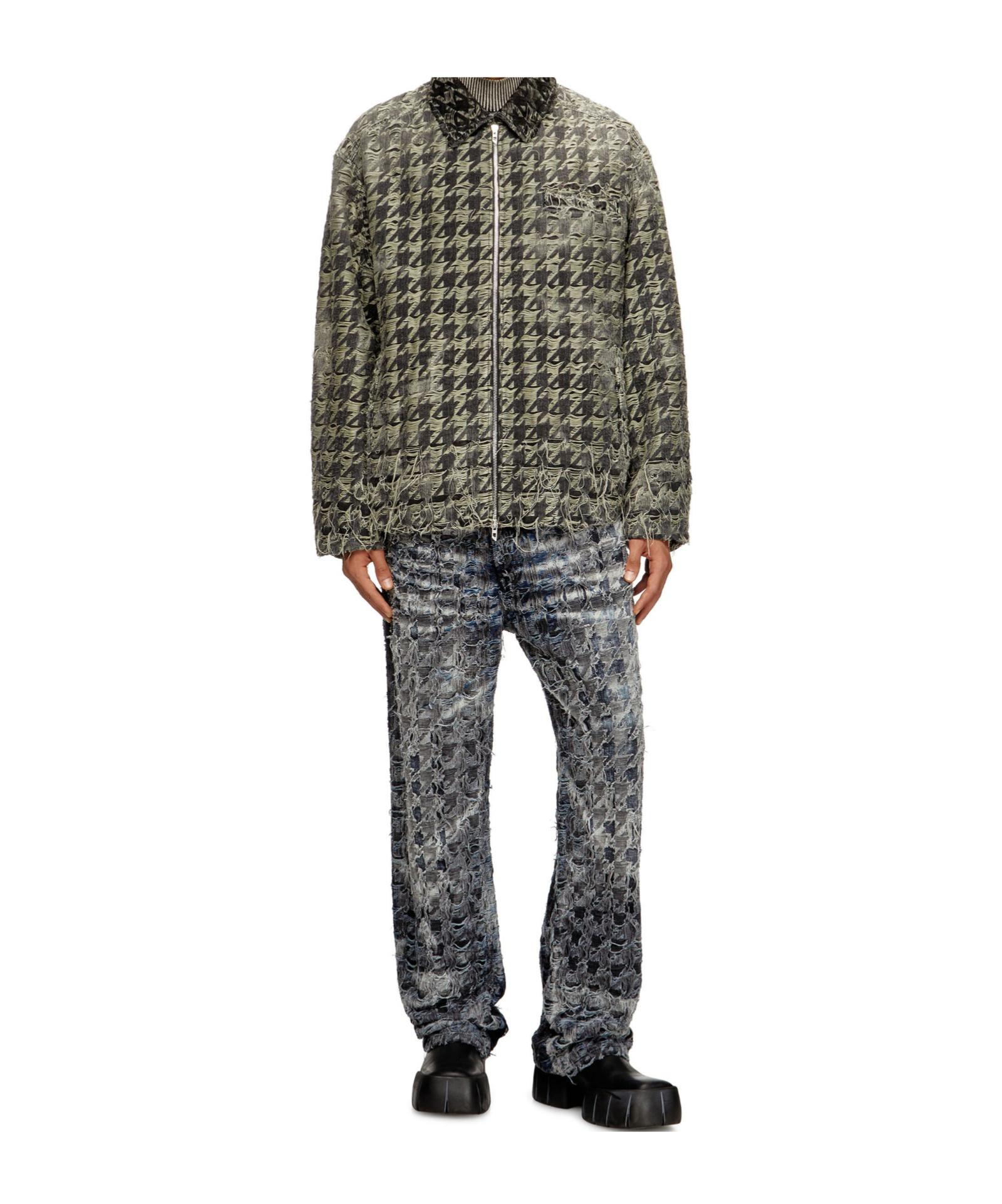 Diesel Houndstooth Blazer With Frayed Edges And Pocket In Black