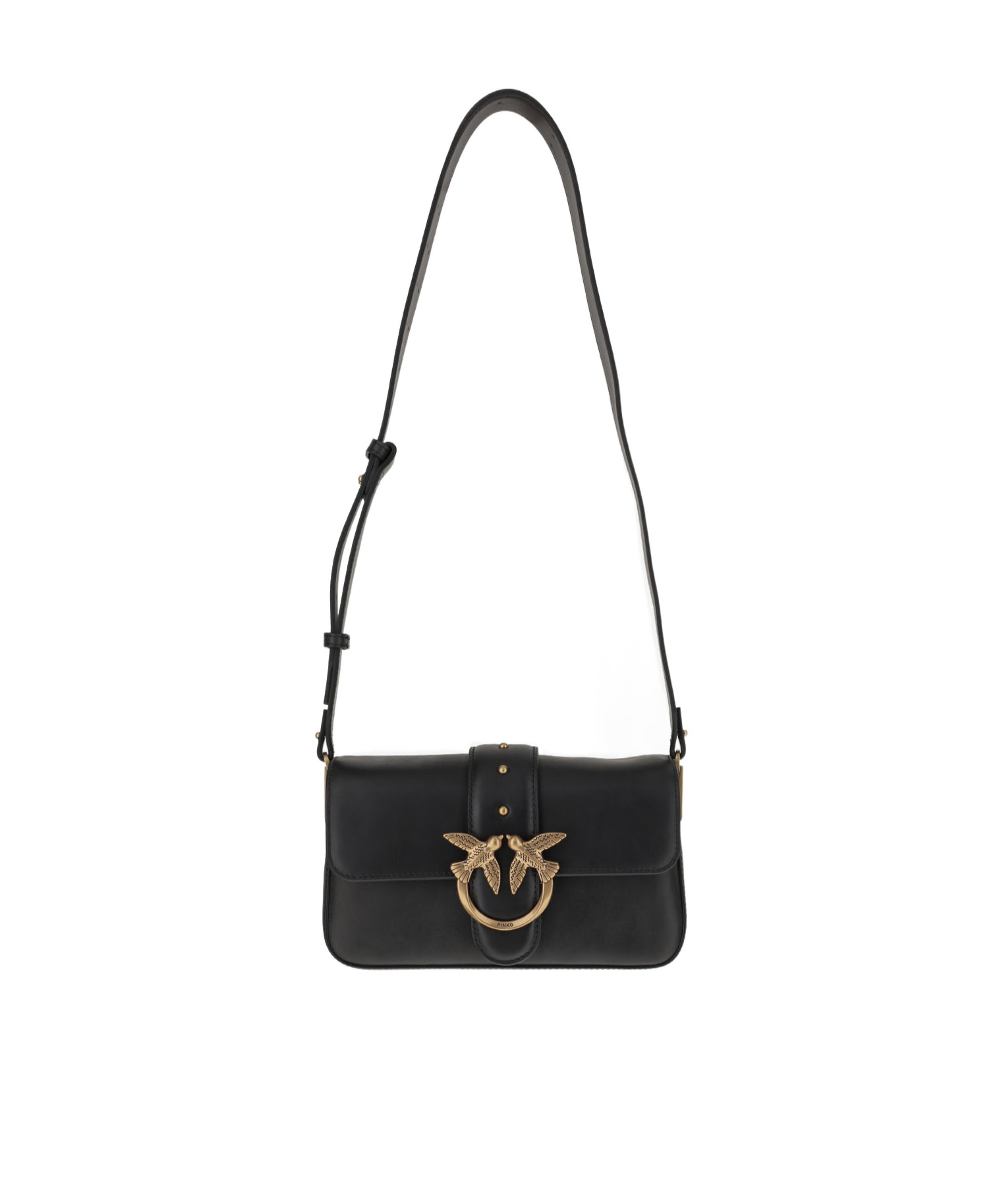 Pinko Love One Classic Black Crossbody Bag With Studded Strap And Love Birds Diamond Cut Plaque On The Fro