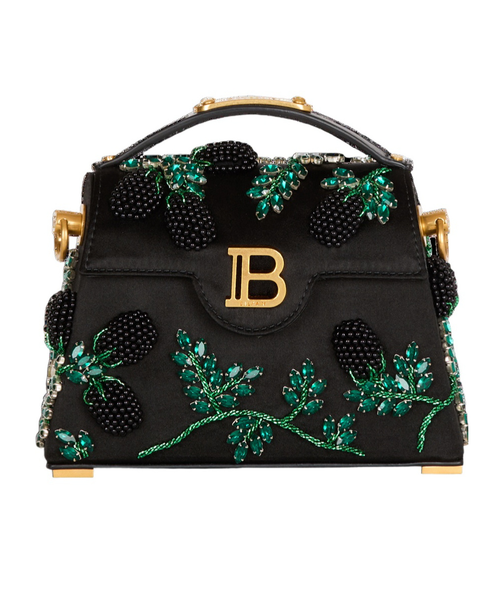 BALMAIN SMALL B-BUZZ DYNASTY BAG IN BLACKBERRY-EMBROIDERED SATIN