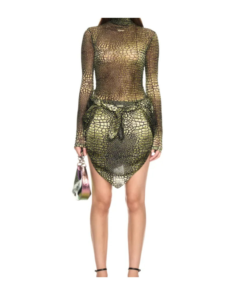 Off-white High-neck T-shirt With Crocodile Skin Print In Green