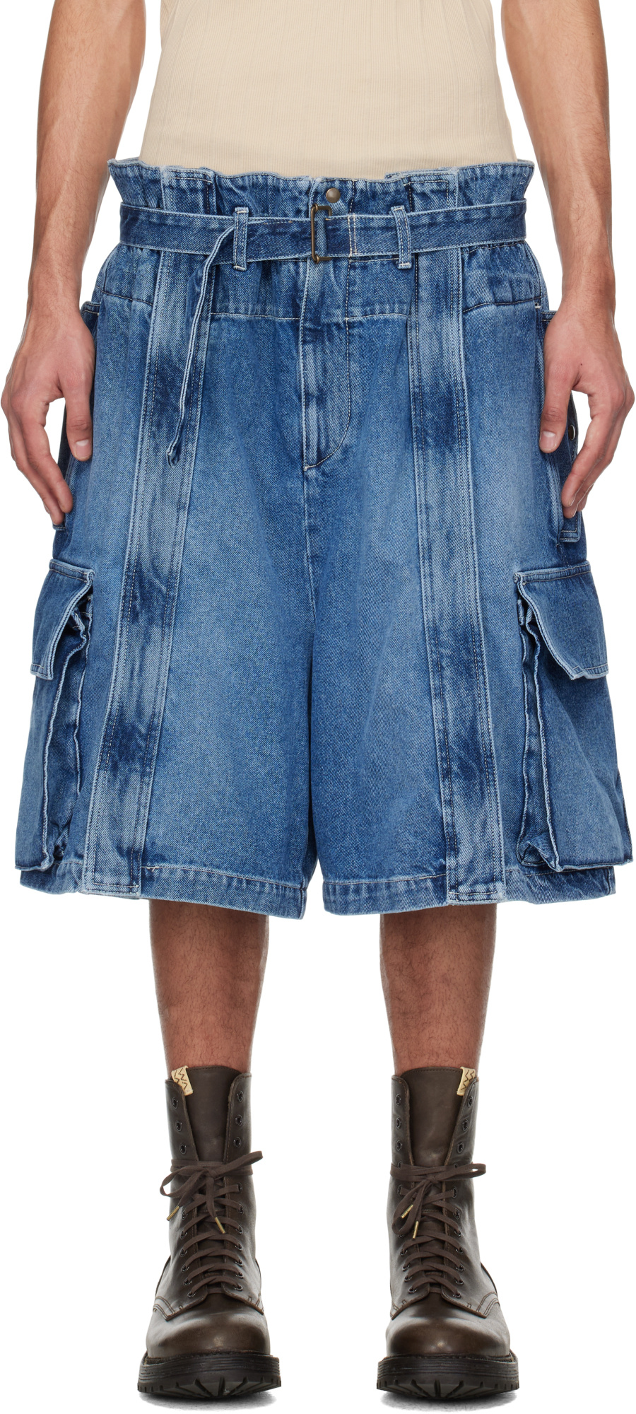 Hed Mayner Blue Zip Vent Denim Cargo Shorts In Blue