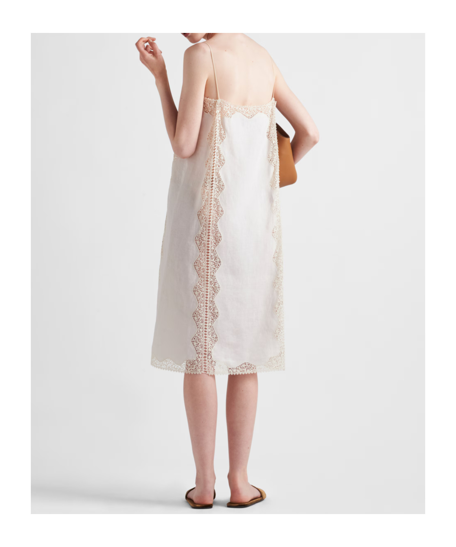 Prada Besticktes Kleid Aus Leinen Mit Spitzenbesatz In Sand Beige