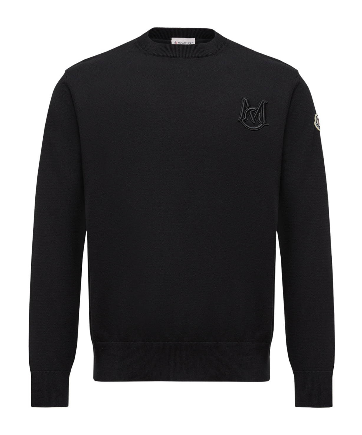 Moncler Embroidered Monogram Cotton Crewneck Sweater In Black