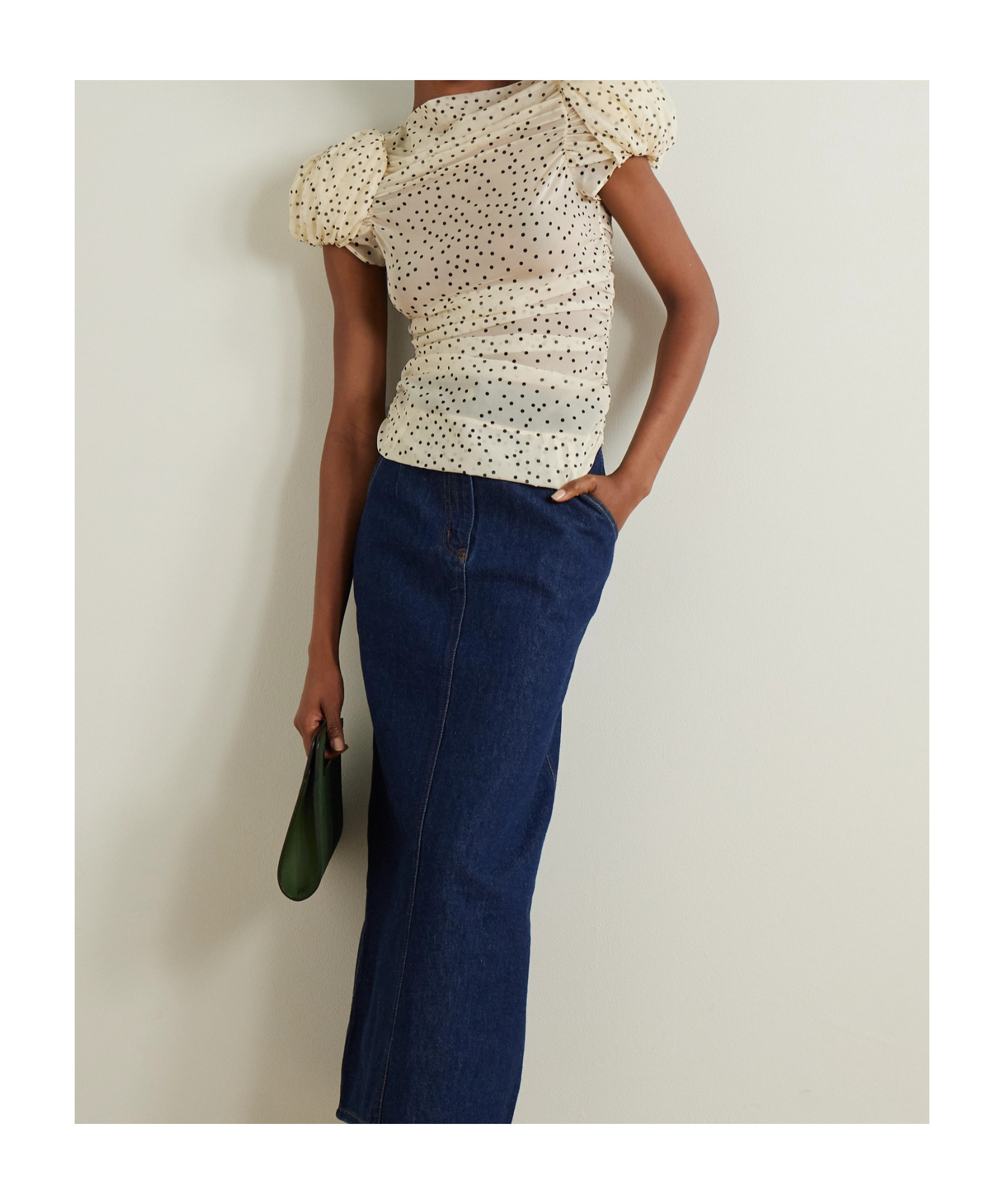 Magda Butrym Ruched Polka-dot Print Stretch-silk Chiffon Top