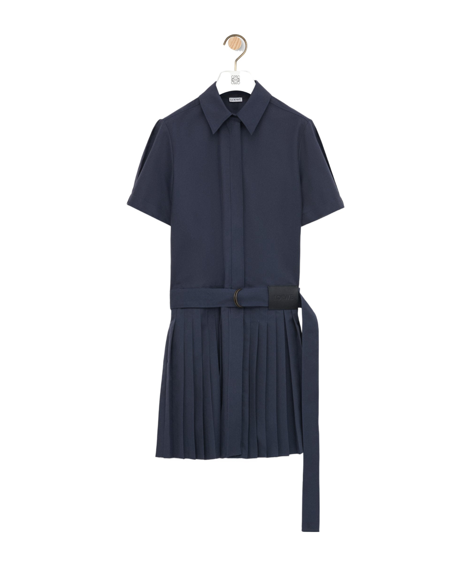Loewe Belted Pleated Cotton-blend Mini Shirt Dress In Blue