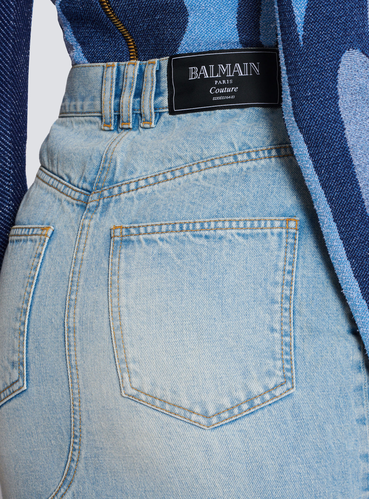 Balmain Midi Denim Skirt With Slit In Gray