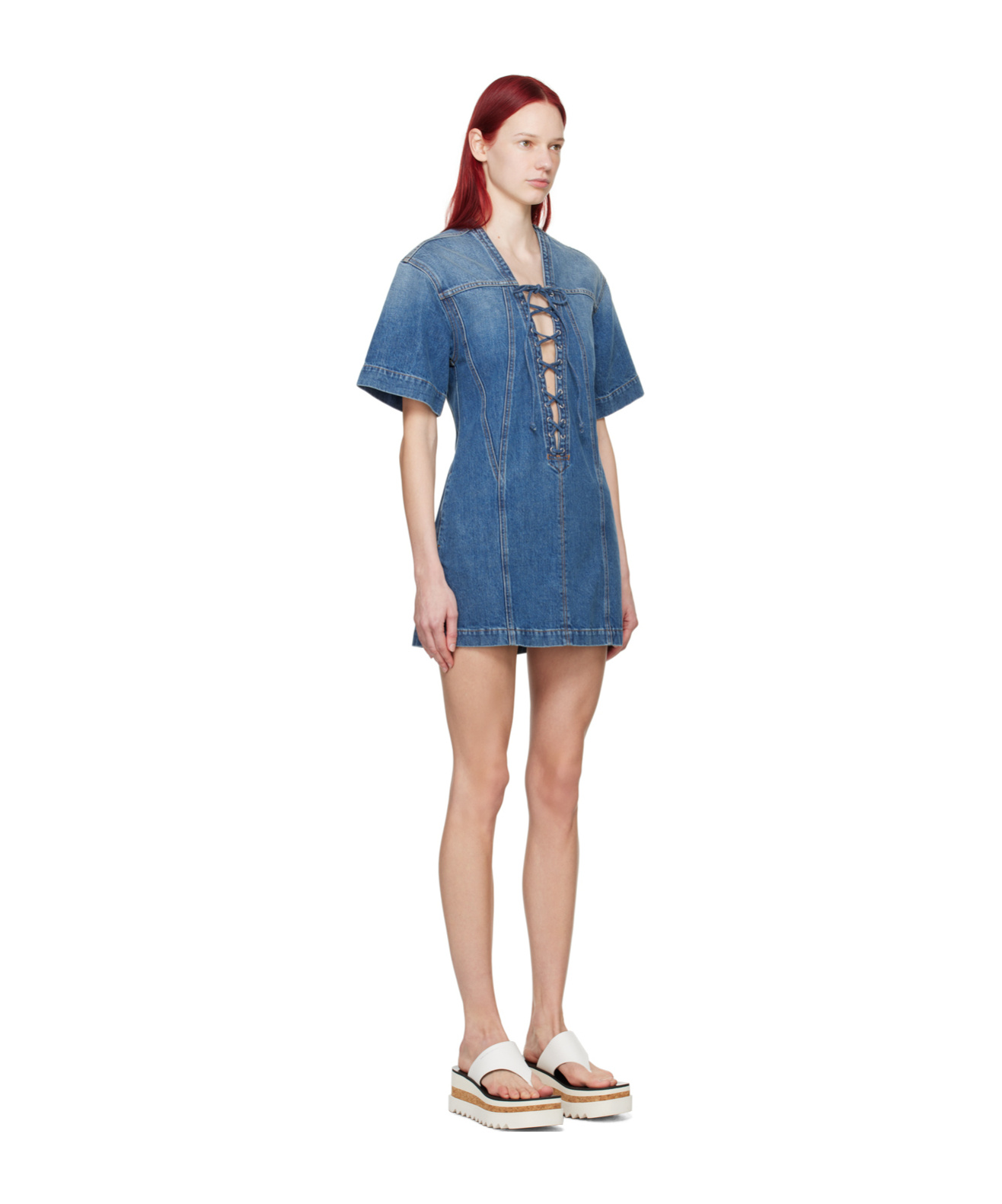 Shop Stella Mccartney Lace-up Short-sleeved Dress In Blue