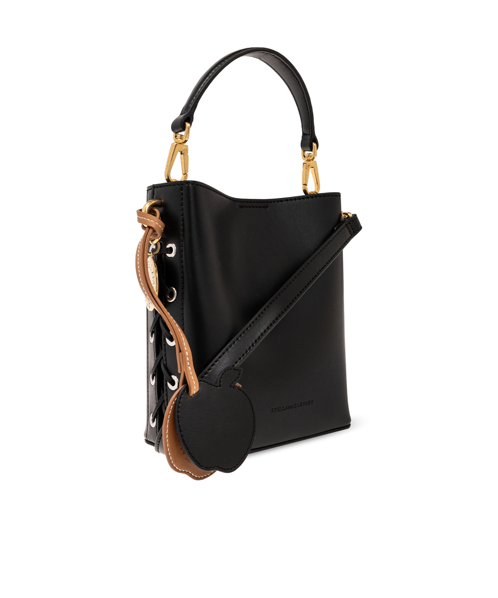 Stella Mccartney Frayme Logo-charm Bucket Bag In Black