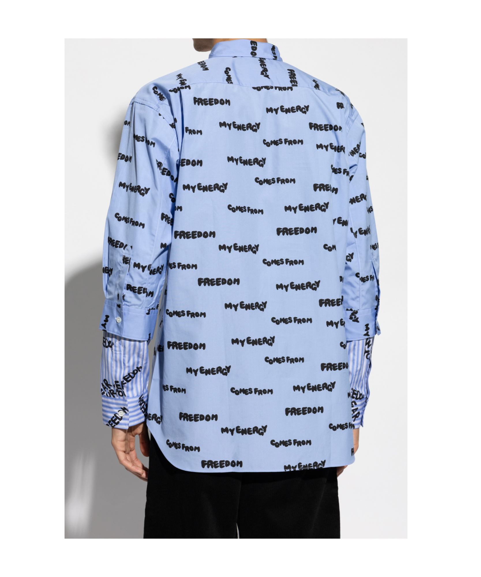 Comme Des Garçons Cotton Shirt With All Over Slogan Print In Blue