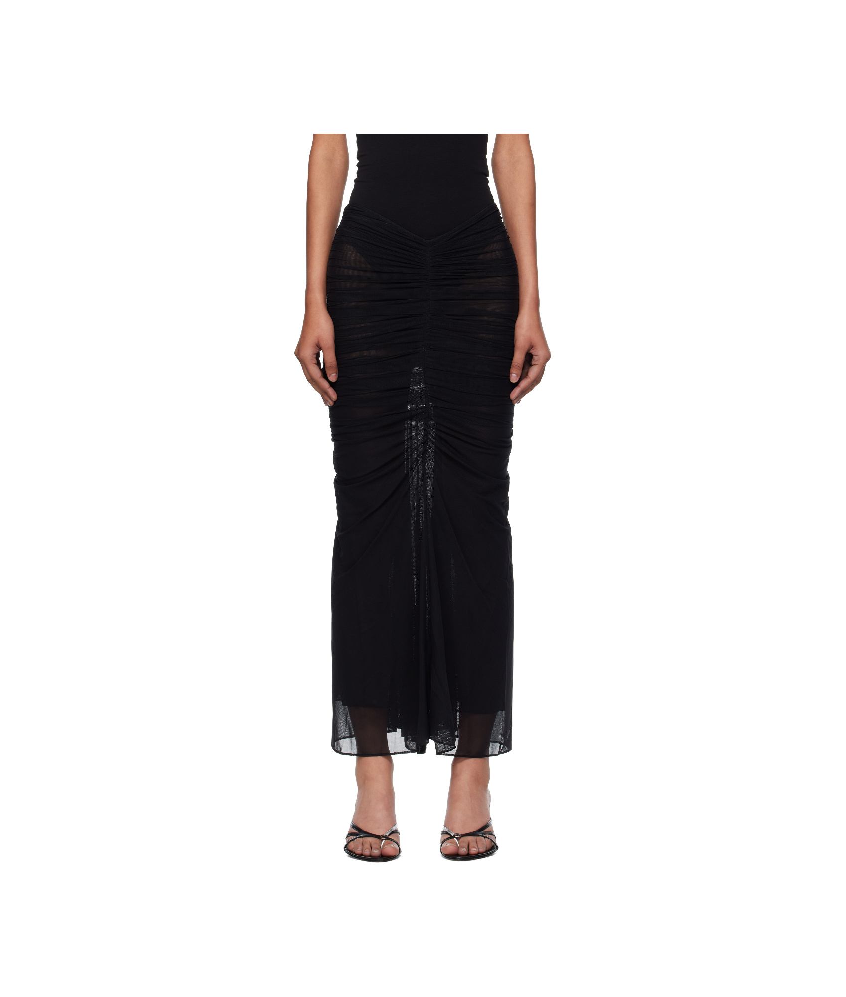 Mugler Black Ruched Mesh Midi Skirt In Black