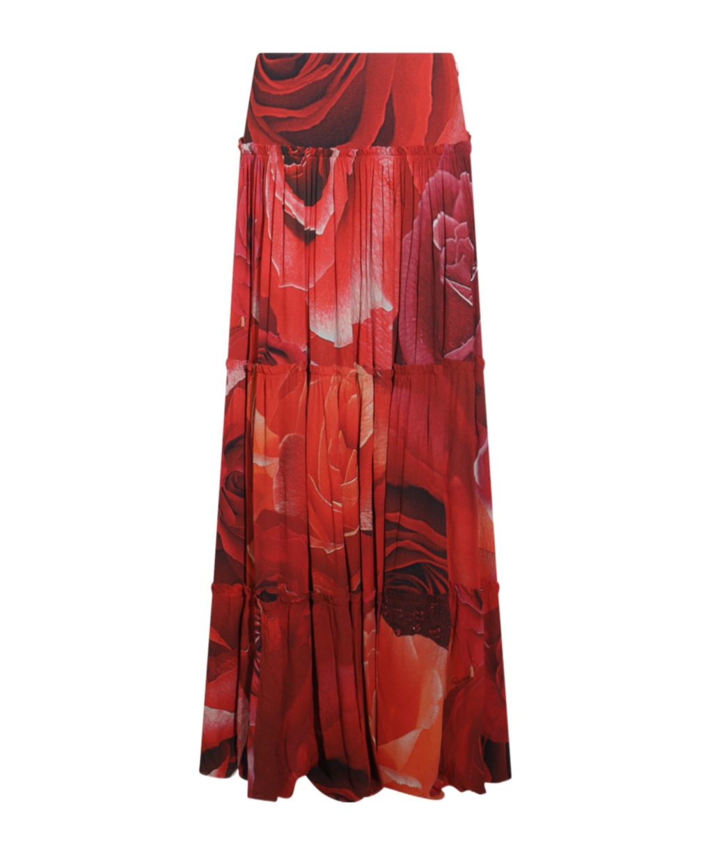 Roberto Cavalli Pleated High-waisted Floral Print Maxi Skirt In Red
