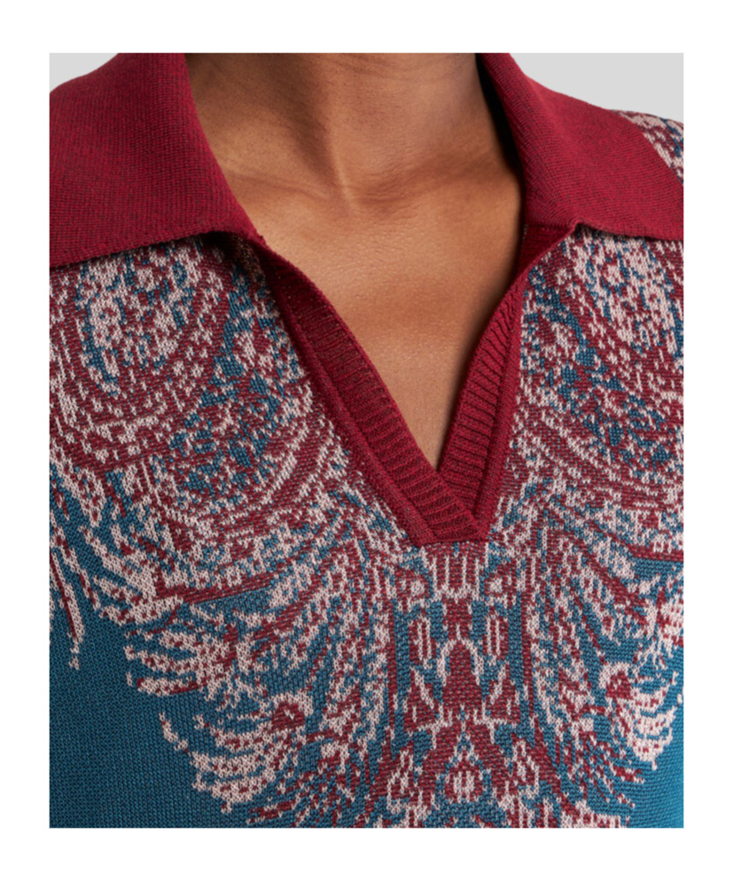 Etro Collared V-neck Polo With Patterned Ribbed Cuffs In Green