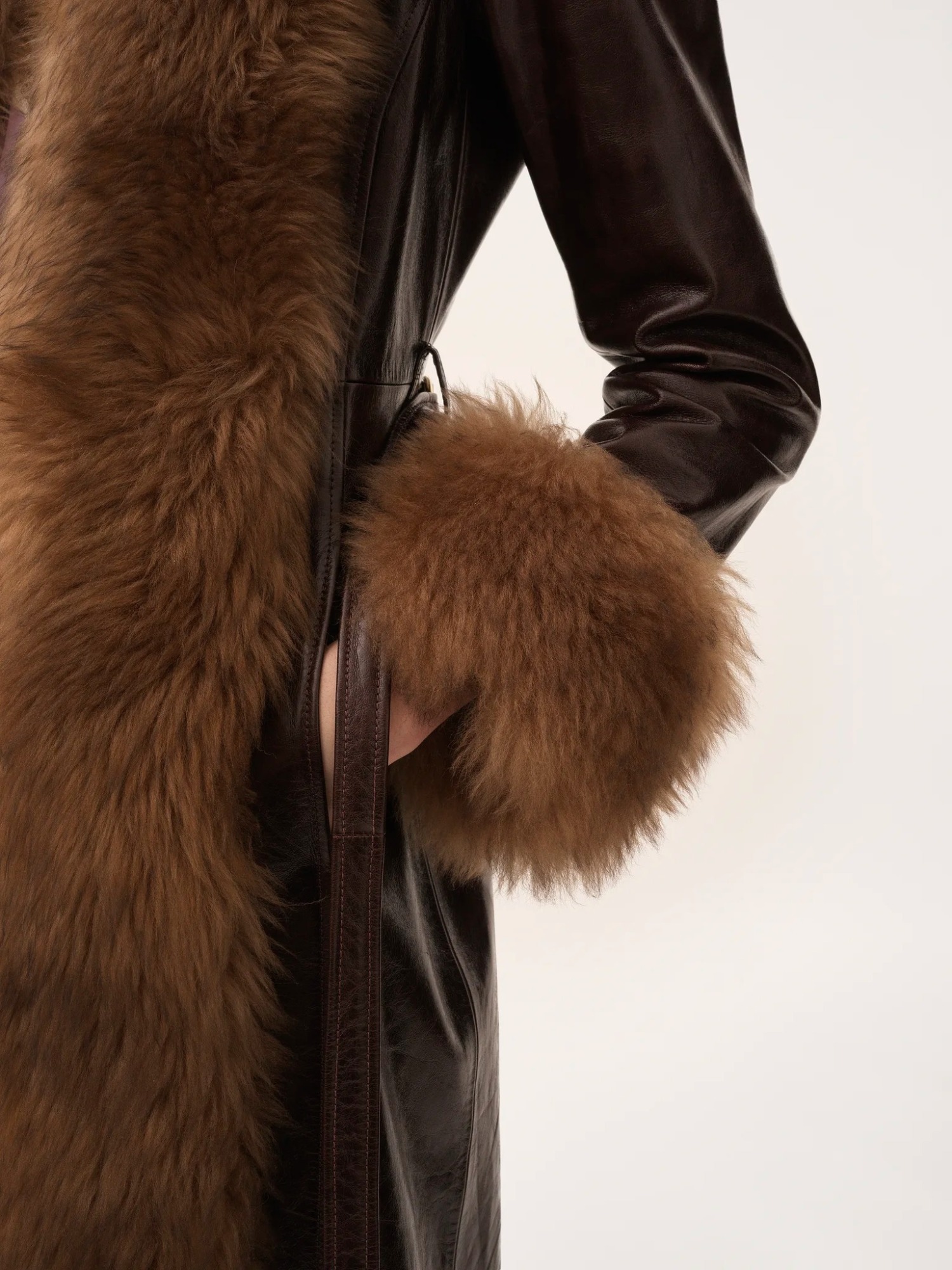 Chloé Lamb Shearling-trim Shiny Leather Long Coat In Brown