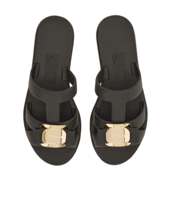 Ferragamo Lilou Vara Plate Flat Slides In Black
