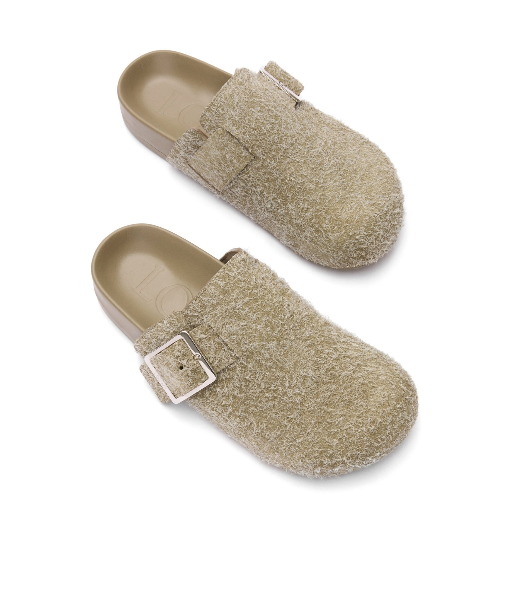 Loewe Ease Buckle Brushed Suede Mules In Green