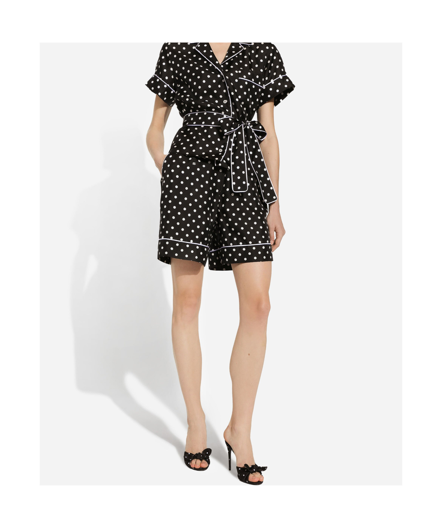 Dolce & Gabbana Short-sleeved Silk Pajama Shirt With Polka-dot Print In Black