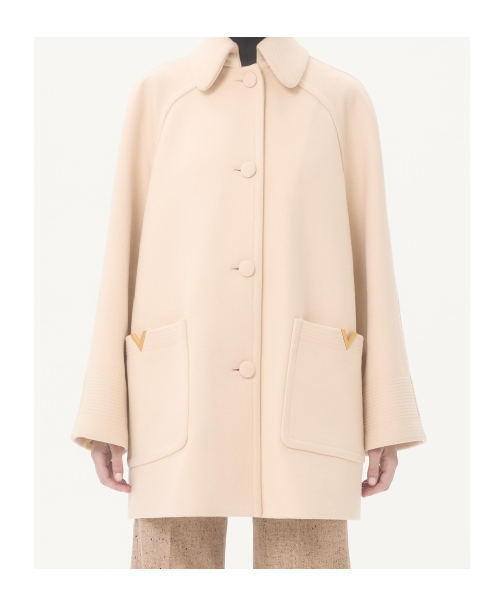 Valentino Wool Coat With Rounded Collar And Pockets In Neutral