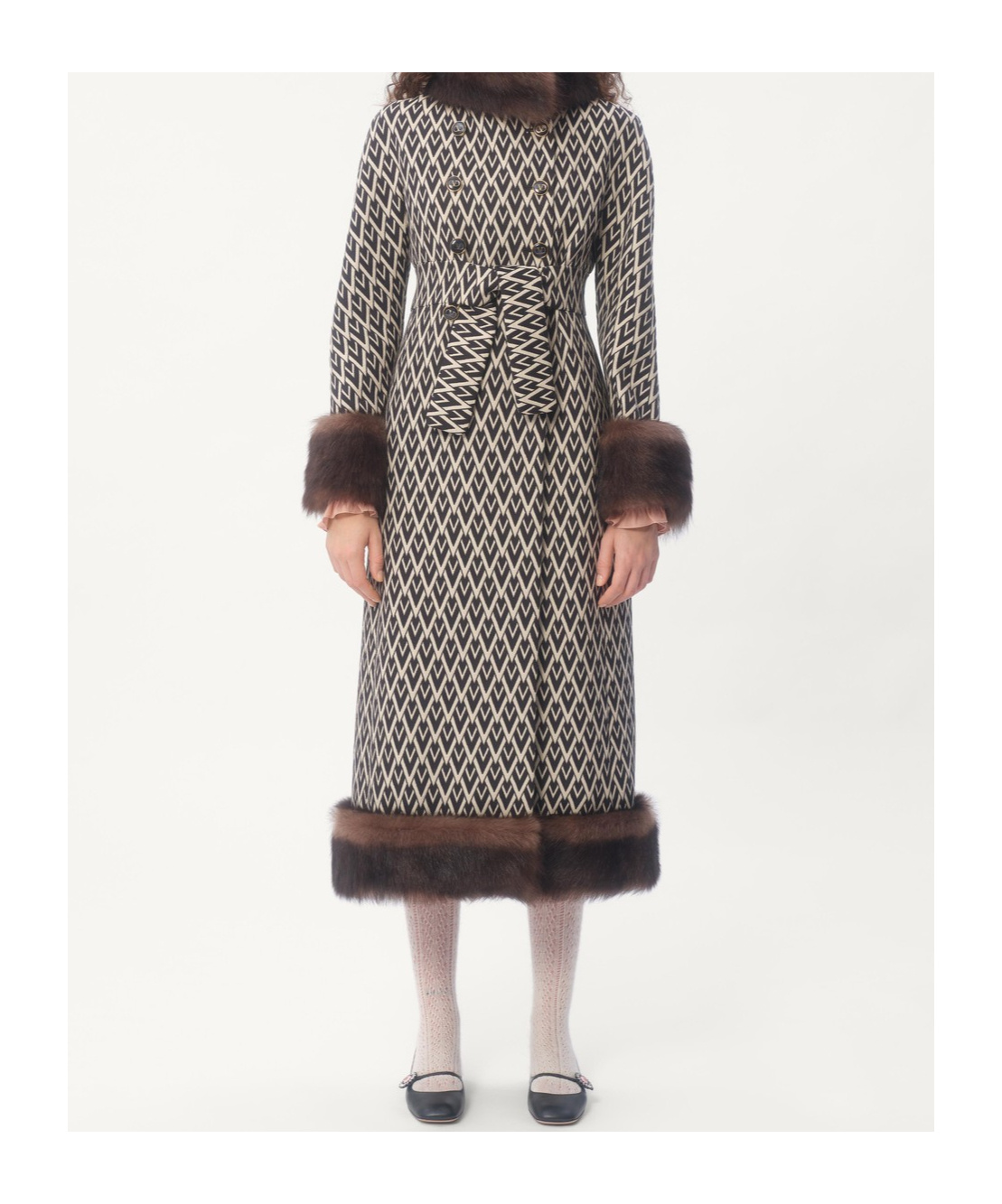 Valentino Wool Faux-fur-trim Coat In Black/cream