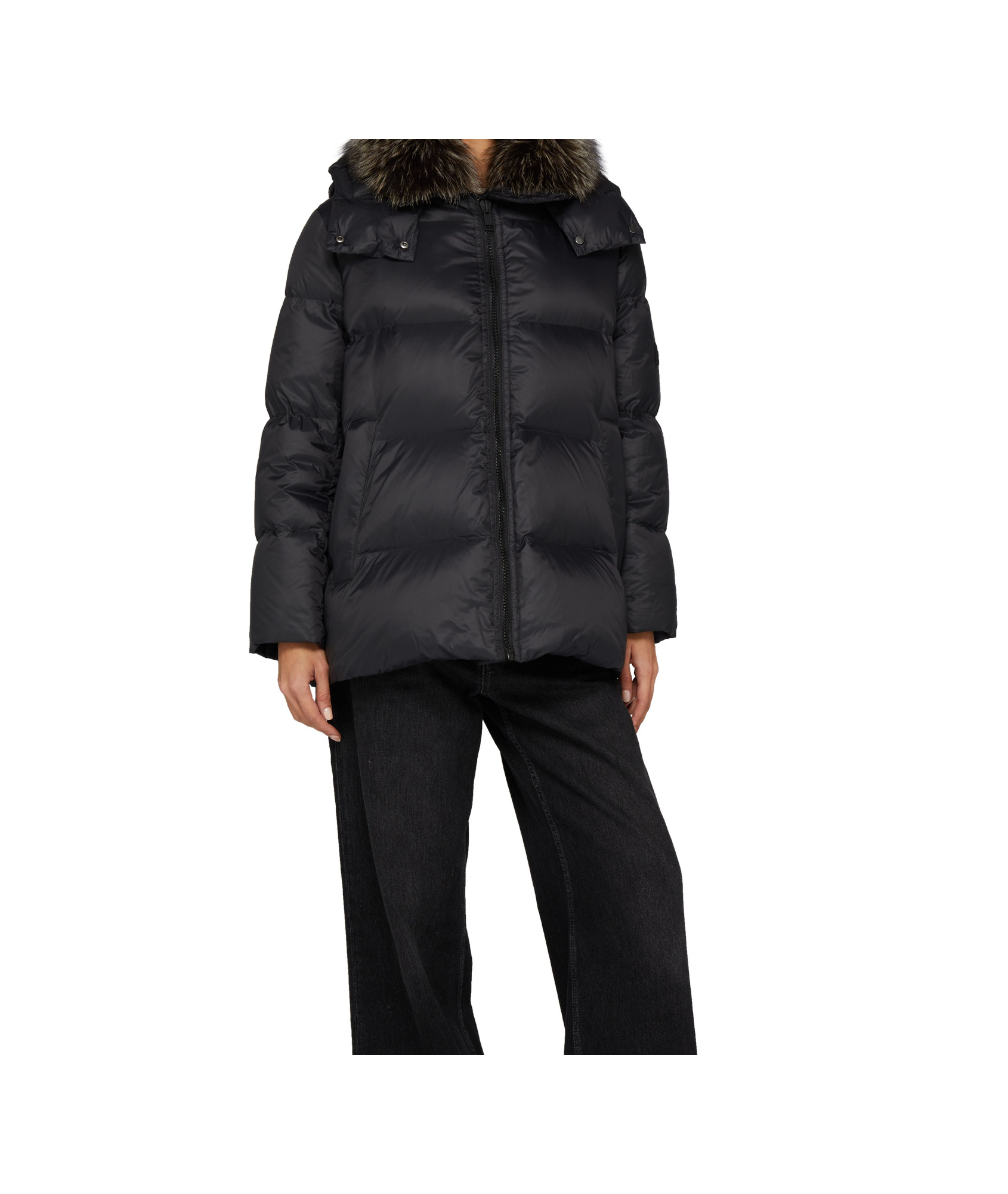YVES SALOMON A-LINE PUFFER JACKET MADE FROM A WATER-RESISTANT PERFORMANCE FABRIC WITH A FOX FUR COLLAR